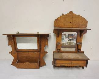 1128	2 ANTIQUE OAK VICTORIAN HANGIN MIRRORS W/SHLEF & ONE DRAWER, TALLEST APPROXIMATELY 26 IN HIGH
