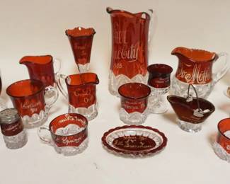 1031	LARGE GROUP OF ASSORTED VICTORIAN RUBY FLASH SOUVENIR GLASS, APPROXIMATELY 8 1/4 IN HIGH
