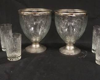1227	PAIR OF 7 1/4 INCH WHEEL CUT URNS W/METAL RIMS & BASES & 11 CUT GLASS GLASSES
