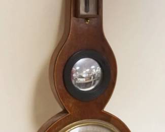 1084	ANTIQUE BAROMETER W/BULLSEYE MIRROR, INDICATING NEEDLE MISSING FROM TOP, DAMAGE TO GLASS IN TUBES BACK, APPROXIMATELY 10 IN X 39 IN HIGH
