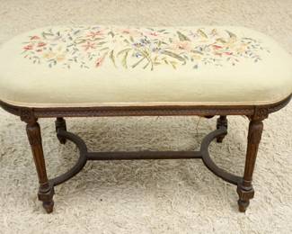 1178A	OVAL NEEDLEPOINT UPHOLSTERED BENCH, NEEDS WEBBING REPAIR, APPROXIMATELY 38 IN X 17 IN X 20 IN
