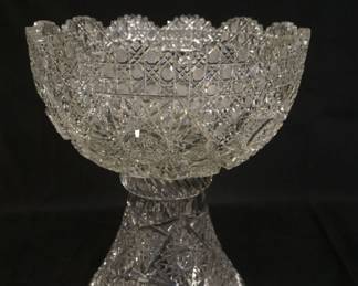 1140	BRILLIANT CUT GLASS PUNCH BOWL & STAND, APPROXIMATELY 12 IN X 13 1/2 IN HIGH, SOME CHIPPING ON TOP OF TEETH
