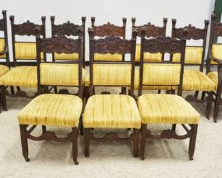 1174	SET OF 10 CARVED OAK CHAIRS W/LION HEADS AT TOP OF CHAIRS & ARM ENDS, 4 CHAIRS MISSING BOTTOM SIDE STRETCHER
