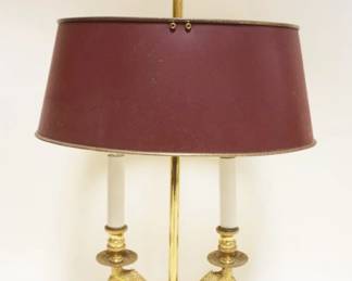 1035	SOLID BRASS HEAVY DOUBLE DOLPHIN BOUILLOTTE LAMP W/ADJUSTIBLE RED TOLE SHADE, APPROXIMATELY 23 IN HIGH
