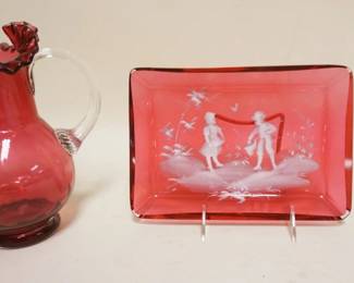 1226	GROUP OF ASSORTED VICTORIAN CRANBERRY GLASS INCLUDING MARY GREGORY TRAY APPROXIMATELY 6 1/2 IN X 9 1/2 IN, PITCHER & GILT DECORATED BUD VASE
