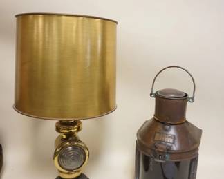 1123	BRASS MOUNTED CARRIAGE LAMP ELECTRIFIED & COPPER METEORITE, 17 IN HIGH LANTERN, BURNER MISSING
