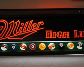 1323	MILLER HIGH LIFE BEER HANGING FLOURESCENT POOL TABLE LIGHT, PLASTIC W/POOL BALLS SURROUNDING BOTTOM, APPROXIMATELY 48 IN X 21 IN X 12 IN HIGH
