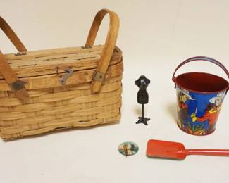 1074	LOT OF CHILD ITEMS INCLUDING TIN LITHO SAND PAIL, IRON MINIATURE DRESS FORM, WOVEN PICNIC BASKET APPROXIMATELY 9 IN X 6 IN X 7 IN HIGH
