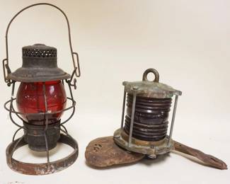1014A	ADLAKE RAILROAD LANTERN & BRASS NAUTICAL LAMP W/RED GLASS, BOTH HAVE LOSS
