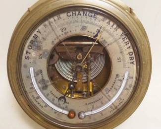 1296	ANTIQUE BRASS FRENCH THERMOMETER & BAROMETER, CRACKED GLASS, APPROXIMATELY 9 IN X 3 IN
