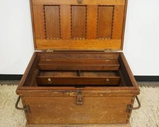 1160	ANTIQUE WOOD TOOL CHEST W/UNUSUAL EXTENDED DOVETAILED CORNERS & IRON BAR HANDLED SIDES W/ORNATE INTERIOR, APPROXIMATELY 39 N X 22 IN X 21 IN HIGH
