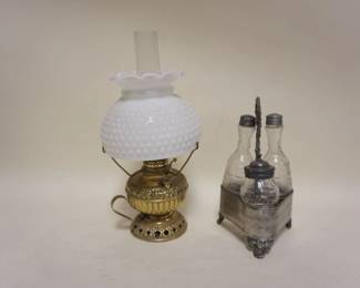 1131	VICTORIAN CONDIMENT SET & BRASS BASED RAYO LAMP, APPROXIMATELY 13 IN HIGH
