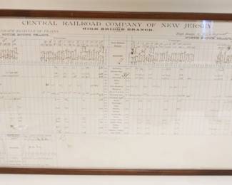1011	FRAMED ANTIQUE TIMETABLE 1890 CENTRAL RAILROAD CONPANY OF NEW JERSEY, HIGHBRIDGE BRANCH, APPROXIMATELY 18 IN X 35 IN OVERALL
