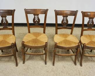 1169	SET OF 4 FRENCH PROVINCIAL RUSH SEAT CHAIRS W/CARVED LYRE SPLATS
