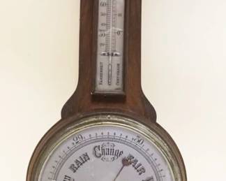 1090	ANTIQUE ENGLISH WALL BAROMETER & THERMOMETER W/PRESENTATION PLAQUE, APPROXIMATELY 31 IN HIGH
