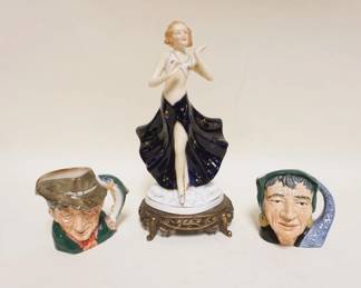 1114	MORIYAMA FIGURE OF DANCING WOMAN ON METAL BASE & 2 ROYAL DOULTON TOBIES, FIGURE APPROXIMATELY 11 IN HIGH
