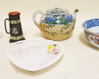 1234	5 PIECE LOT INCLUDING TIFFANY & CO 8 INCH X 3 INCH HIGH BOWL,ASIAN TEAPOT, COPPER LUSTER, ROYAL BAYREUTH MINIATURE PITCHER
