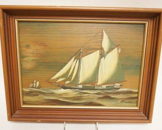 1232	CONTEMPORARY OIL PAINTING ON BOARD *WORKADAY SCHOONER* ARTIST SIGNED FORBES-WOLFE, APPROXIMATELY 13 IN X 17 IN OVERALL
