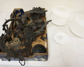 1075	LOT OF ASSORTED HANGING LAMP PARTS & SHADES, ANTIQUE CAST IRON VICTORIAN
