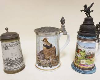 1105	GROUP OF 3 CONTEMPORARY PORCELAIN STEINS, ONE GERMAN REGIMENTAL W/LITHOPHANE BASE, TALLEST  APPROXIMATELY 12 IN
