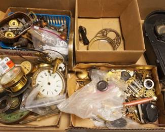 1275	LARGE LOT OF CLOCK PARTS, MOVEMENTS, KEYS, ETC
