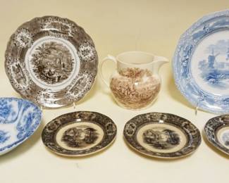 1068	GROUP OF ASSORTED ANTIQUE IRONSTONE TRANSFERWARE, LARGEST PLATE APPROXIMATELY 11 IN
