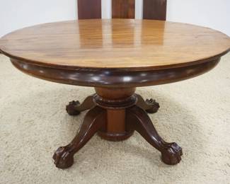 1171	54 INCH ROUND MAHOGANY TABLE, BALL & CLAW FOOT W/3-14 IN LEAVES

