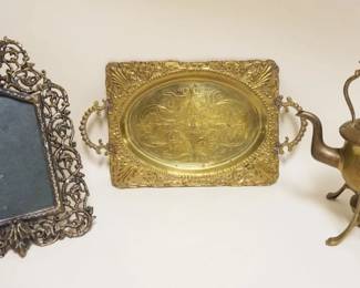 1003	GROUP OF ASSORTED ORNATE BRASS ITEMS INCLUDING APPROXIMATELY 17 IN X 10 IN TRAY, TEAPOT & FRAME
