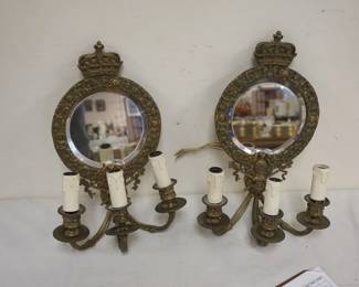 1130	PAIR OF BRASS MIRROR BACK WALL SCONCES W/KINGS CROWNS & KNIGHT HELMET MOTIF, APPROXIMATELY 15 IN HIGH
