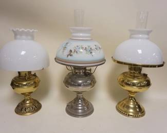 1127	3 ANTIQUE RAYO LAMPS W/MILK GLASS SHADES, ELECTRIFIED, APPROXIMATELY 22 IN
