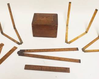 1037	ANTIQUE WOOD FOLDING WOOD RULES & PRIMITIVE BANK BOX
