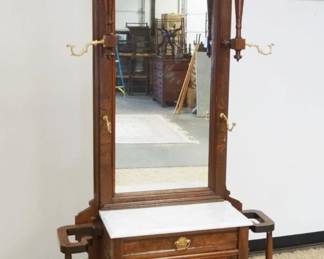 1181	EASTLAKE WALNUT VICTORIAN MARBLE TOP HALL RACK W/MIRROR BACK & ONE DRAWER, APPROXIMATELY 38 IN X 13 IN X 87 IN HIGH
