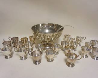 1121	NICKLE SILVER PUNCH BOWL W/2 SETS OF MUGS
