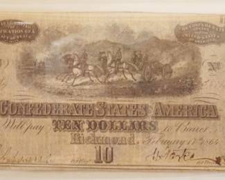 1049	CIVIL WAR CSA 10 DOLLAR PAPER NOTE RICHMAND 1864
