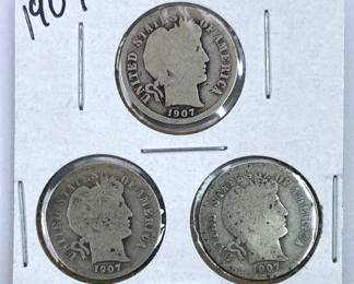 (3) 1907 Barber Silver Dimes, US