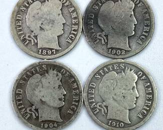 (4) 1897-1910 Barber Silver Dimes, US