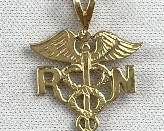 14K Yellow Gold RN Nurse Caduceus Pendant