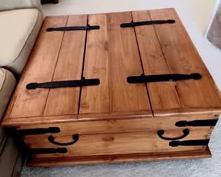 LARGE HEAVY VINTAGE PINE COFFEE TABLE. BOTH SIDES OPEN FOR STORAGE