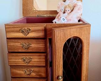 TALL HEAVY JEWELRY  CABINET.   DANBURY MINT SHIRLEY TEMPLE DOLL