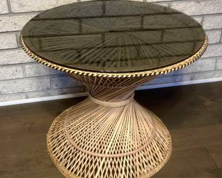 Woven wicker and rattan Emmanuelle-style peacock coffee table with glass top