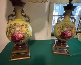 Pr antique lamps, hand painted