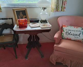 BEADED PURSES, TABLE LAMP, PINK UPHOLSTERED  CHAIR, MARBLE TOP TABLE