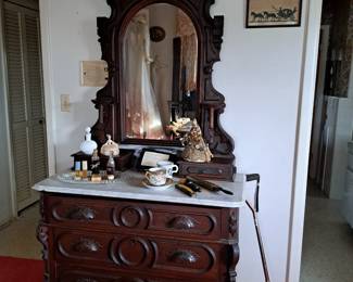 MARBLE TOP DRESSER, PIN CUSHION, DRESSER JARS