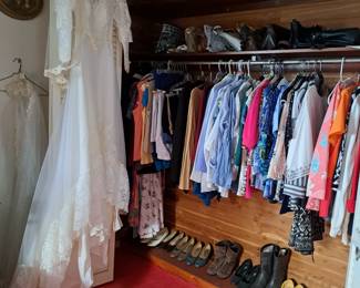 LADIES SMALL CLOTHING, SHOES, PURSES, WEDDING GOWN WITH VAIL