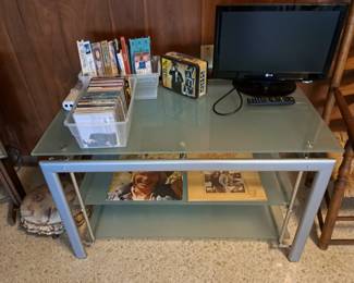 TV STAND, CDs, DVD AND VHS  - SMALL TV