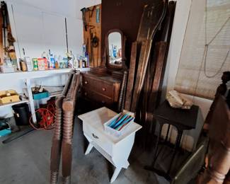 DRESSER, WHITE TABLE, DOUBLE BED HEADBOARD AND FOOTBOARD