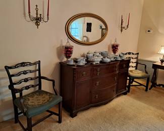 BUFFET,  8 CHIPPENDALE STYLE CHAIRS, OVAL MIRROR,  BOWFRONT BUFFET