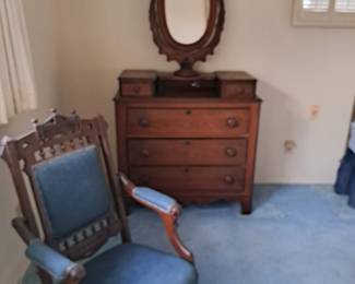 DRESSER WITH MIRROR, ANTIQUE ARM CHAIR