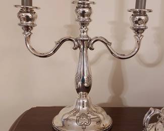 Sterling Silver Tea Service Set  and Sterling Silver Tray by Herman Bauer - Pattern is  Danish Crown  - All 925 Sterling Silver including  the matching Candelabra  which is not weighted. 