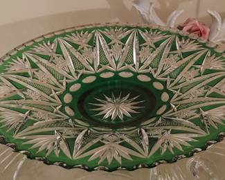 Exquisite Green Cut Glass Bohemian Cut to Clear Shallow Bowl